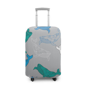 Чехол для чемодана 3D с принтом Узор с китами на сером в Курске, 86% полиэфир, 14% спандекс | двустороннее нанесение принта, прорези для ручек и колес | графика | кит | морской | рыба | серый | синий | узор