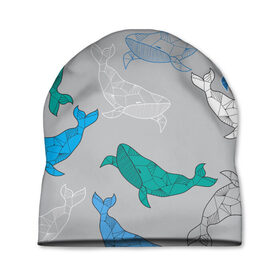 Шапка 3D с принтом Узор с китами на сером в Курске, 100% полиэстер | универсальный размер, печать по всей поверхности изделия | графика | кит | морской | рыба | серый | синий | узор