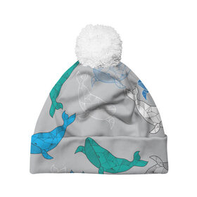 Шапка 3D c помпоном с принтом Узор с китами на сером в Курске, 100% полиэстер | универсальный размер, печать по всей поверхности изделия | графика | кит | морской | рыба | серый | синий | узор