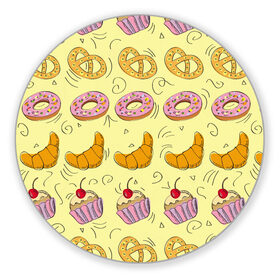Коврик для мышки круглый с принтом Сладости в ряд в Курске, резина и полиэстер | круглая форма, изображение наносится на всю лицевую часть | готовить | донат | еда | желтый | капкейк | кондитер | паттерн | пирожное | повар | подарок | сладкое | узор