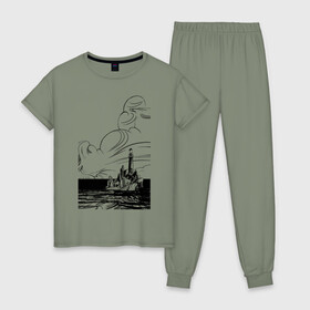 Женская пижама хлопок с принтом Муми-тролль в Курске, 100% хлопок | брюки и футболка прямого кроя, без карманов, на брюках мягкая резинка на поясе и по низу штанин | маяк | море | муми тролль | скалы