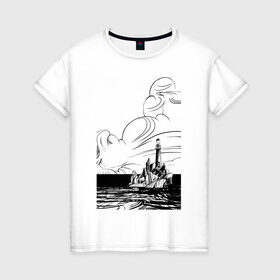 Женская футболка хлопок с принтом Муми-тролль в Курске, 100% хлопок | прямой крой, круглый вырез горловины, длина до линии бедер, слегка спущенное плечо | маяк | море | муми тролль | скалы