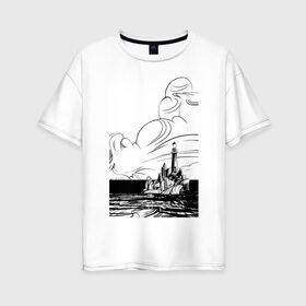 Женская футболка хлопок Oversize с принтом Муми-тролль в Курске, 100% хлопок | свободный крой, круглый ворот, спущенный рукав, длина до линии бедер
 | маяк | море | муми тролль | скалы