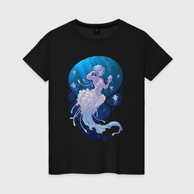 Женская футболка хлопок с принтом Jellyfish mermaid в Курске, 100% хлопок | прямой крой, круглый вырез горловины, длина до линии бедер, слегка спущенное плечо | jellyfish | mermaid | sea | медузы | морское | подводный мир | русалка