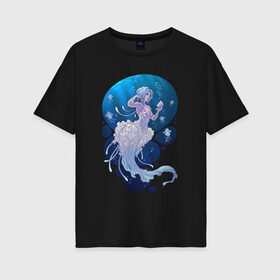 Женская футболка хлопок Oversize с принтом Jellyfish mermaid в Курске, 100% хлопок | свободный крой, круглый ворот, спущенный рукав, длина до линии бедер
 | Тематика изображения на принте: jellyfish | mermaid | sea | медузы | морское | подводный мир | русалка