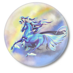 Значок с принтом Ветер в облаках в Курске,  металл | круглая форма, металлическая застежка в виде булавки | flying | horse | rainbow | крылья | лошадь | облака | полет