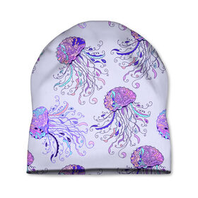 Шапка 3D с принтом Узор Медуза в Курске, 100% полиэстер | универсальный размер, печать по всей поверхности изделия | Тематика изображения на принте: завитушки | медуза | море | морской | паттерн | розовый | узор | фиолетовый