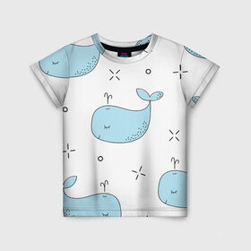 Детская футболка 3D с принтом Маленькие киты в Курске, 100% гипоаллергенный полиэфир | прямой крой, круглый вырез горловины, длина до линии бедер, чуть спущенное плечо, ткань немного тянется | детский | кит | маленький | море | морской | прикольный | рисунок | рыбы | скетч