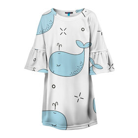 Детское платье 3D с принтом Маленькие киты в Курске, 100% полиэстер | прямой силуэт, чуть расширенный к низу. Круглая горловина, на рукавах — воланы | детский | кит | маленький | море | морской | прикольный | рисунок | рыбы | скетч