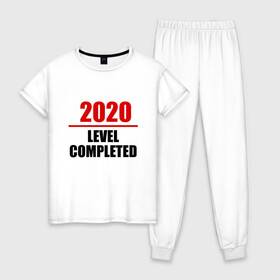 Женская пижама хлопок с принтом Level completed - 2020 в Курске, 100% хлопок | брюки и футболка прямого кроя, без карманов, на брюках мягкая резинка на поясе и по низу штанин | 2020 | completed | level | выжили | год | коронавирус | надпись | прикольная | пройден | уровень