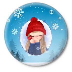 Значок с принтом Girl winter в Курске,  металл | круглая форма, металлическая застежка в виде булавки | Тематика изображения на принте: new year | арт | графика | дед мороз | зима | новый год | рождество | санта