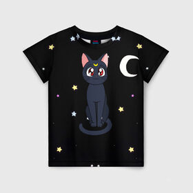 Детская футболка 3D с принтом Луна в Курске, 100% гипоаллергенный полиэфир | прямой крой, круглый вырез горловины, длина до линии бедер, чуть спущенное плечо, ткань немного тянется | sailor moon. кот луна | кот | кошка | луна | сейлор мун | сейлормун