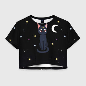 Женская футболка Crop-top 3D с принтом Луна в Курске, 100% полиэстер | круглая горловина, длина футболки до линии талии, рукава с отворотами | sailor moon. кот луна | кот | кошка | луна | сейлор мун | сейлормун