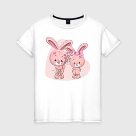 Женская футболка хлопок с принтом Клуб Романтики в Курске, 100% хлопок | прямой крой, круглый вырез горловины, длина до линии бедер, слегка спущенное плечо | букет | вдвоем | зайки | игрушки | милашки | розовые зайцы
