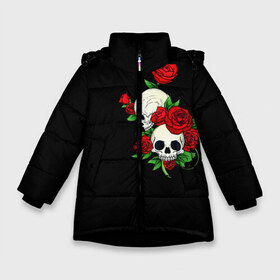 Зимняя куртка для девочек 3D с принтом Roses Skulls в Курске, ткань верха — 100% полиэстер; подклад — 100% полиэстер, утеплитель — 100% полиэстер. | длина ниже бедра, удлиненная спинка, воротник стойка и отстегивающийся капюшон. Есть боковые карманы с листочкой на кнопках, утяжки по низу изделия и внутренний карман на молнии. 

Предусмотрены светоотражающий принт на спинке, радужный светоотражающий элемент на пуллере молнии и на резинке для утяжки. | 