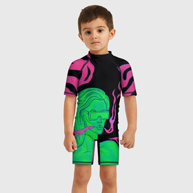 Детский купальный костюм 3D с принтом Neon style в Курске, Полиэстер 85%, Спандекс 15% | застежка на молнии на спине | 2077 | girl | neon | purple | девушка | кислотный | неон | сyberpunk