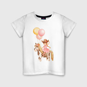 Детская футболка хлопок с принтом Девочка-ковбой в Курске, 100% хлопок | круглый вырез горловины, полуприлегающий силуэт, длина до линии бедер | Тематика изображения на принте: девочка | день рождения | ковбой | конь | лошадь | няшность | шарики