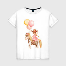 Женская футболка хлопок с принтом Девочка-ковбой в Курске, 100% хлопок | прямой крой, круглый вырез горловины, длина до линии бедер, слегка спущенное плечо | девочка | день рождения | ковбой | конь | лошадь | няшность | шарики