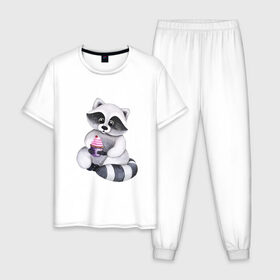 Мужская пижама хлопок с принтом Енотик в Курске, 100% хлопок | брюки и футболка прямого кроя, без карманов, на брюках мягкая резинка на поясе и по низу штанин
 | енот | енотик | животные | милота | милые иллюстрации | парные футболки