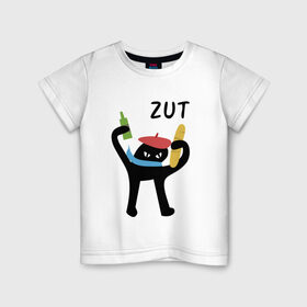 Детская футболка хлопок с принтом Французский ъуъ в Курске, 100% хлопок | круглый вырез горловины, полуприлегающий силуэт, длина до линии бедер | багет | голуби | кот | любовь | франция | эйфелева башня