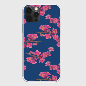 Чехол для iPhone 12 Pro Max с принтом Цветы айвы на темно синем фоне в Курске, Силикон |  | 8 марта | flowers | summer | айва | весна | лето | праздник | природа | растения | розовый | синий | цветы