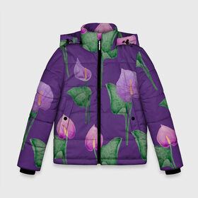 Зимняя куртка для мальчиков 3D с принтом Антуриумы на фиолетовом фоне в Курске, ткань верха — 100% полиэстер; подклад — 100% полиэстер, утеплитель — 100% полиэстер | длина ниже бедра, удлиненная спинка, воротник стойка и отстегивающийся капюшон. Есть боковые карманы с листочкой на кнопках, утяжки по низу изделия и внутренний карман на молнии. 

Предусмотрены светоотражающий принт на спинке, радужный светоотражающий элемент на пуллере молнии и на резинке для утяжки | 8 марта | flowers | summer | антуриумы | весна | зеленый | лето | листья | праздник | природа | растения | фиолетовый | цветы