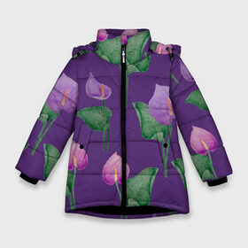 Зимняя куртка для девочек 3D с принтом Антуриумы на фиолетовом фоне в Курске, ткань верха — 100% полиэстер; подклад — 100% полиэстер, утеплитель — 100% полиэстер. | длина ниже бедра, удлиненная спинка, воротник стойка и отстегивающийся капюшон. Есть боковые карманы с листочкой на кнопках, утяжки по низу изделия и внутренний карман на молнии. 

Предусмотрены светоотражающий принт на спинке, радужный светоотражающий элемент на пуллере молнии и на резинке для утяжки. | Тематика изображения на принте: 8 марта | flowers | summer | антуриумы | весна | зеленый | лето | листья | праздник | природа | растения | фиолетовый | цветы