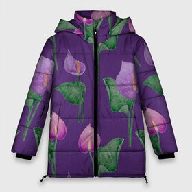 Женская зимняя куртка 3D с принтом Антуриумы на фиолетовом фоне в Курске, верх — 100% полиэстер; подкладка — 100% полиэстер; утеплитель — 100% полиэстер | длина ниже бедра, силуэт Оверсайз. Есть воротник-стойка, отстегивающийся капюшон и ветрозащитная планка. 

Боковые карманы с листочкой на кнопках и внутренний карман на молнии | 8 марта | flowers | summer | антуриумы | весна | зеленый | лето | листья | праздник | природа | растения | фиолетовый | цветы