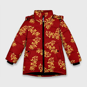 Зимняя куртка для девочек 3D с принтом Золотые веточки на красном в Курске, ткань верха — 100% полиэстер; подклад — 100% полиэстер, утеплитель — 100% полиэстер. | длина ниже бедра, удлиненная спинка, воротник стойка и отстегивающийся капюшон. Есть боковые карманы с листочкой на кнопках, утяжки по низу изделия и внутренний карман на молнии. 

Предусмотрены светоотражающий принт на спинке, радужный светоотражающий элемент на пуллере молнии и на резинке для утяжки. | Тематика изображения на принте: 8 марта | flowers | summer | весна | веточки | золотой | лето | праздник | природа | растения | узор