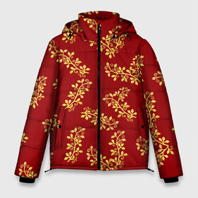 Мужская зимняя куртка 3D с принтом Золотые веточки на красном в Курске, верх — 100% полиэстер; подкладка — 100% полиэстер; утеплитель — 100% полиэстер | длина ниже бедра, свободный силуэт Оверсайз. Есть воротник-стойка, отстегивающийся капюшон и ветрозащитная планка. 

Боковые карманы с листочкой на кнопках и внутренний карман на молнии. | 8 марта | flowers | summer | весна | веточки | золотой | лето | праздник | природа | растения | узор