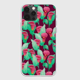 Чехол для iPhone 12 Pro Max с принтом Каллы на вишневом фоне в Курске, Силикон |  | 8 марта | flowers | summer | весна | вишневый | зеленый | каллы | красный | лето | праздник | природа | растения | цветы