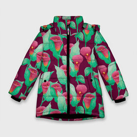 Зимняя куртка для девочек 3D с принтом Каллы на вишневом фоне в Курске, ткань верха — 100% полиэстер; подклад — 100% полиэстер, утеплитель — 100% полиэстер. | длина ниже бедра, удлиненная спинка, воротник стойка и отстегивающийся капюшон. Есть боковые карманы с листочкой на кнопках, утяжки по низу изделия и внутренний карман на молнии. 

Предусмотрены светоотражающий принт на спинке, радужный светоотражающий элемент на пуллере молнии и на резинке для утяжки. | 8 марта | flowers | summer | весна | вишневый | зеленый | каллы | красный | лето | праздник | природа | растения | цветы