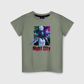 Детская футболка хлопок с принтом Night City | Nier: automata в Курске, 100% хлопок | круглый вырез горловины, полуприлегающий силуэт, длина до линии бедер | armband. | girl | samurai | weapon | девушка | оружие | повязка | самурай