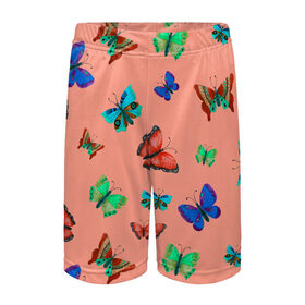 Детские спортивные шорты 3D с принтом Бабочки на персиковом фоне в Курске,  100% полиэстер
 | пояс оформлен широкой мягкой резинкой, ткань тянется
 | 8 марта | butterflies | summer | бабочки | весна | зеленый | красный | лето | насекомые | праздник | природа | синий