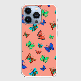 Чехол для iPhone 13 Pro с принтом Бабочки на персиковом фоне в Курске,  |  | 8 марта | butterflies | summer | бабочки | весна | зеленый | красный | лето | насекомые | праздник | природа | синий