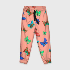 Детские брюки 3D с принтом Бабочки на персиковом фоне в Курске, 100% полиэстер | манжеты по низу, эластичный пояс регулируется шнурком, по бокам два кармана без застежек, внутренняя часть кармана из мелкой сетки | 8 марта | butterflies | summer | бабочки | весна | зеленый | красный | лето | насекомые | праздник | природа | синий