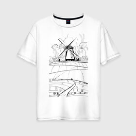 Женская футболка хлопок Oversize с принтом Мельница в Курске, 100% хлопок | свободный крой, круглый ворот, спущенный рукав, длина до линии бедер
 | долина | кот | мельница | поля | тропинка