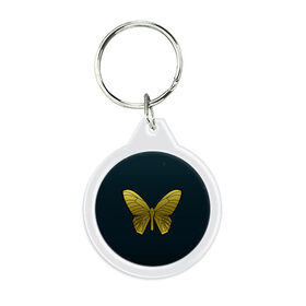 Брелок круглый с принтом Butterfly в Курске, пластик и полированная сталь | круглая форма, металлическое крепление в виде кольца | бабочка | геомеирический | золотой | темный фон