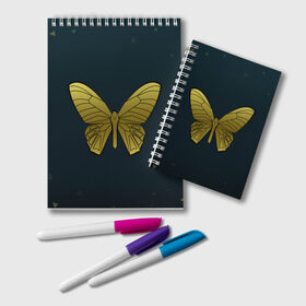Блокнот с принтом Butterfly в Курске, 100% бумага | 48 листов, плотность листов — 60 г/м2, плотность картонной обложки — 250 г/м2. Листы скреплены удобной пружинной спиралью. Цвет линий — светло-серый
 | бабочка | геомеирический | золотой | темный фон