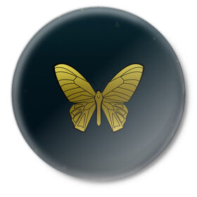 Значок с принтом Butterfly в Курске,  металл | круглая форма, металлическая застежка в виде булавки | Тематика изображения на принте: бабочка | геомеирический | золотой | темный фон