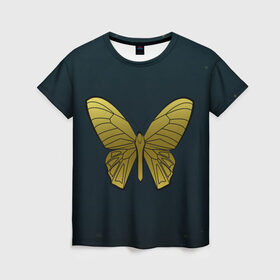 Женская футболка 3D с принтом Butterfly в Курске, 100% полиэфир ( синтетическое хлопкоподобное полотно) | прямой крой, круглый вырез горловины, длина до линии бедер | бабочка | геомеирический | золотой | темный фон