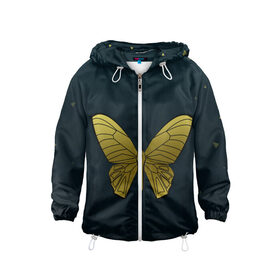 Детская ветровка 3D с принтом Butterfly в Курске, 100% полиэстер | подол и капюшон оформлены резинкой с фиксаторами, по бокам два кармана без застежек, один потайной карман на груди | бабочка | геомеирический | золотой | темный фон