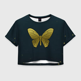 Женская футболка Crop-top 3D с принтом Butterfly в Курске, 100% полиэстер | круглая горловина, длина футболки до линии талии, рукава с отворотами | бабочка | геомеирический | золотой | темный фон