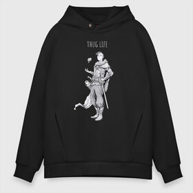 Мужское худи Oversize хлопок с принтом Thug life black в Курске, френч-терри — 70% хлопок, 30% полиэстер. Мягкий теплый начес внутри —100% хлопок | боковые карманы, эластичные манжеты и нижняя кромка, капюшон на магнитной кнопке | adventurer | fantasy | medival | thief | thug | вор | головорез | приключенец | средневековье | фэнтэзи