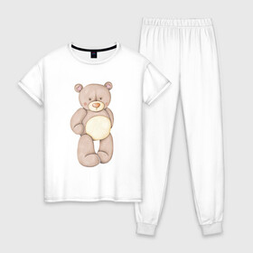 Женская пижама хлопок с принтом Мишка в Курске, 100% хлопок | брюки и футболка прямого кроя, без карманов, на брюках мягкая резинка на поясе и по низу штанин | Тематика изображения на принте: акварель | карандашом | косолапый | медведь | мужчине | парень