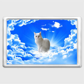 Магнит 45*70 с принтом Кот в облаках в Курске, Пластик | Размер: 78*52 мм; Размер печати: 70*45 | animals | cat | kitty | ангел | белый кот | блики | взгляд кота | глаза кота | животные | киска | кот | котейка | котенок | котик | кошак | кошка | лучи | мордочка | небесный | небо | облака | пейзаж | питомец