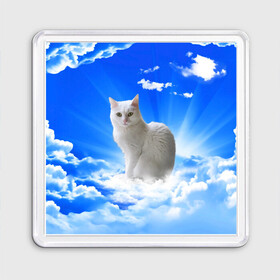 Магнит 55*55 с принтом Кот в облаках в Курске, Пластик | Размер: 65*65 мм; Размер печати: 55*55 мм | animals | cat | kitty | ангел | белый кот | блики | взгляд кота | глаза кота | животные | киска | кот | котейка | котенок | котик | кошак | кошка | лучи | мордочка | небесный | небо | облака | пейзаж | питомец
