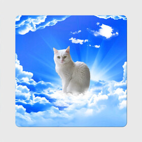 Магнит виниловый Квадрат с принтом Кот в облаках в Курске, полимерный материал с магнитным слоем | размер 9*9 см, закругленные углы | Тематика изображения на принте: animals | cat | kitty | ангел | белый кот | блики | взгляд кота | глаза кота | животные | киска | кот | котейка | котенок | котик | кошак | кошка | лучи | мордочка | небесный | небо | облака | пейзаж | питомец
