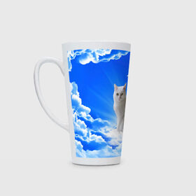 Кружка Латте с принтом Кот в облаках в Курске, Белая керамика | Объем 480 мл; Высота 150 мм; Диаметр 90 мм | animals | cat | kitty | ангел | белый кот | блики | взгляд кота | глаза кота | животные | киска | кот | котейка | котенок | котик | кошак | кошка | лучи | мордочка | небесный | небо | облака | пейзаж | питомец