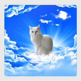 Магнитный плакат 3Х3 с принтом Кот в облаках в Курске, Полимерный материал с магнитным слоем | 9 деталей размером 9*9 см | animals | cat | kitty | ангел | белый кот | блики | взгляд кота | глаза кота | животные | киска | кот | котейка | котенок | котик | кошак | кошка | лучи | мордочка | небесный | небо | облака | пейзаж | питомец